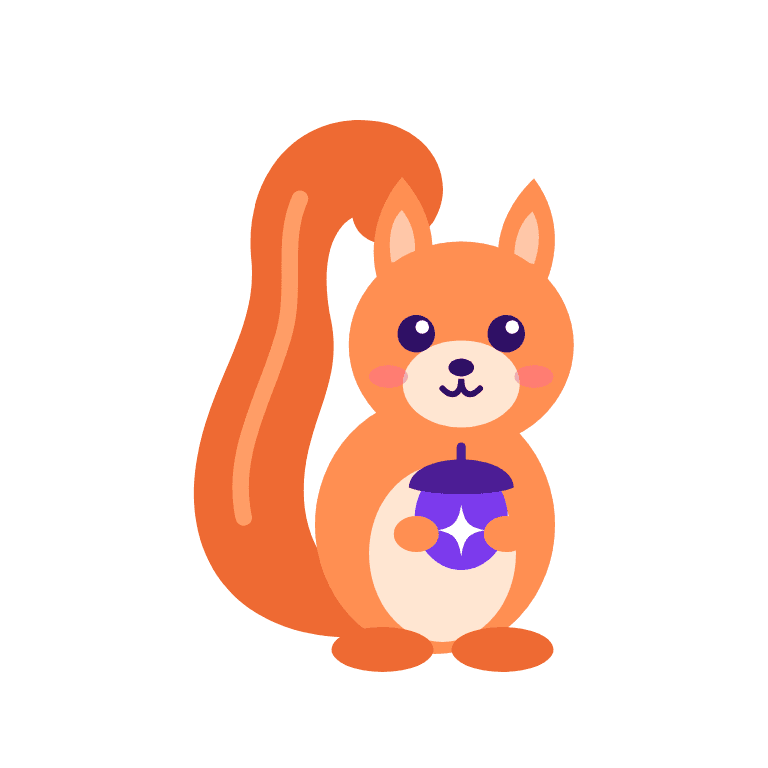 Memo the squirrel holding a glowing acorn
